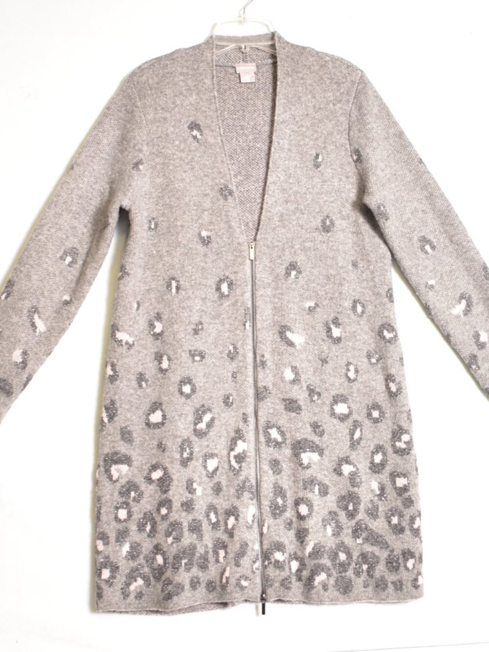 Chicos Sweater Size Small Long Gray Leopard Print Acrylic Zip Front Duster